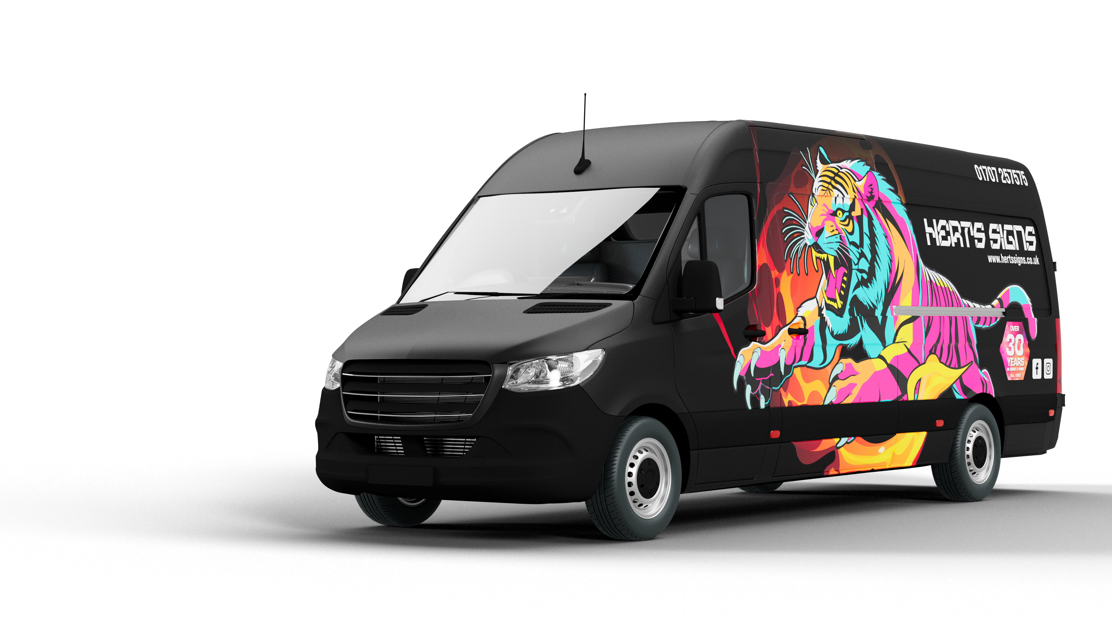 Mercedes Sprinter van with a full colour tiger wrap, three-quarter front view