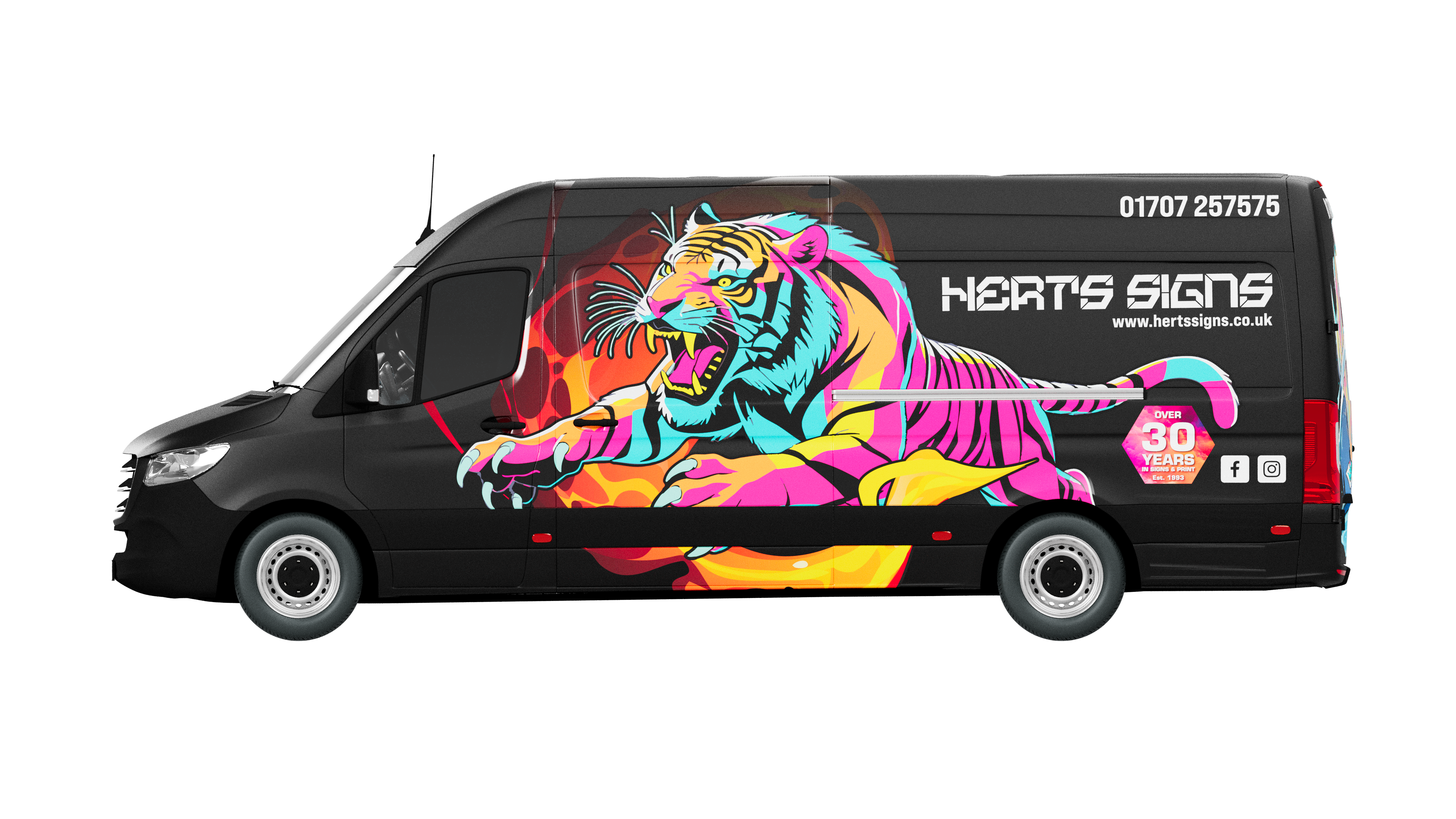 Mercedes Sprinter van finished in a full colour tiger wrap, side profile